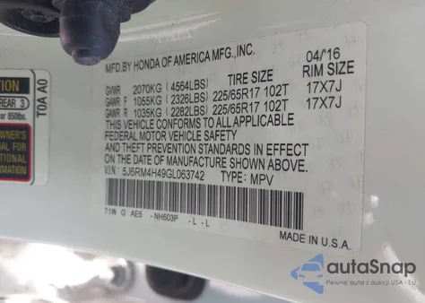 2016 Honda Cr-V Se z USA, uszkodzony, nr VIN 5J6RM4H49GL063742